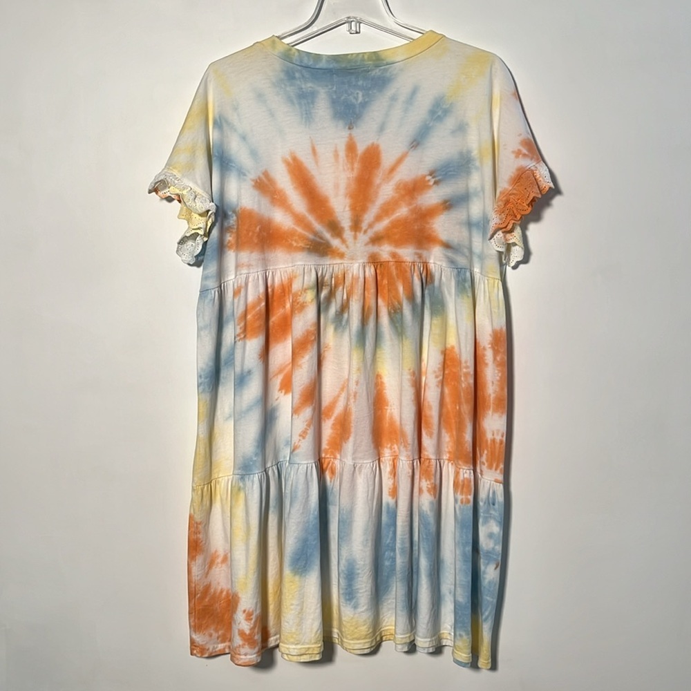 CES FEMME ORGANIC COTTON Boho Beach Tie Dye Tiered Baby Doll Eyelet SLV Dress M - Picture 5 of 15